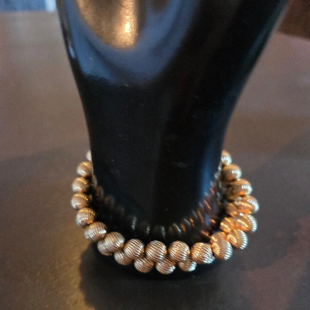 Vintage Style Double Strand Gold Tone Ribbed Bead Bracelet Statement Jewelry